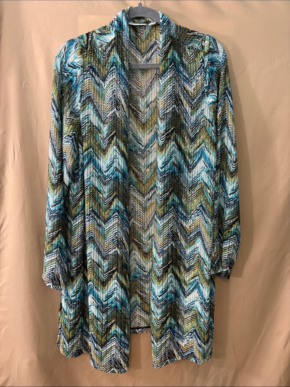 Susan Graver Open-Front Chevron Cardigan in Blue and Green